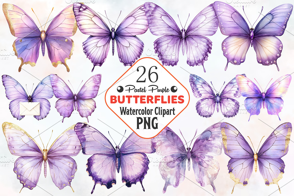 Pastel Purple Butterflies PNG, an Illustration by RobertsArt (Photo 1 of 7)