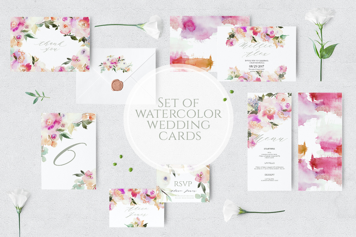 Set of Watercolour Wedding Cards, an Invitation Template by Karma (Photo 1 of 9)