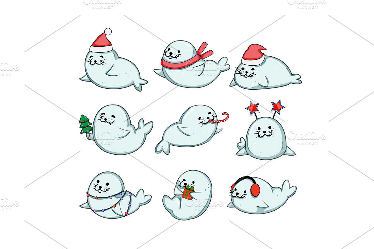 Cute seals celebrating winter, an Object Illustration by pikepicture