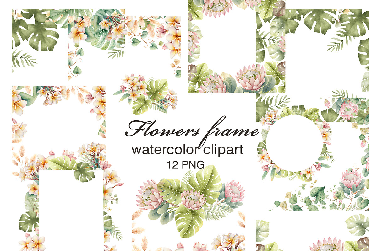 Watercolor Floral Frames Clipart, an Object Illustration by Pattern + watercolor (Photo 1 of 5)