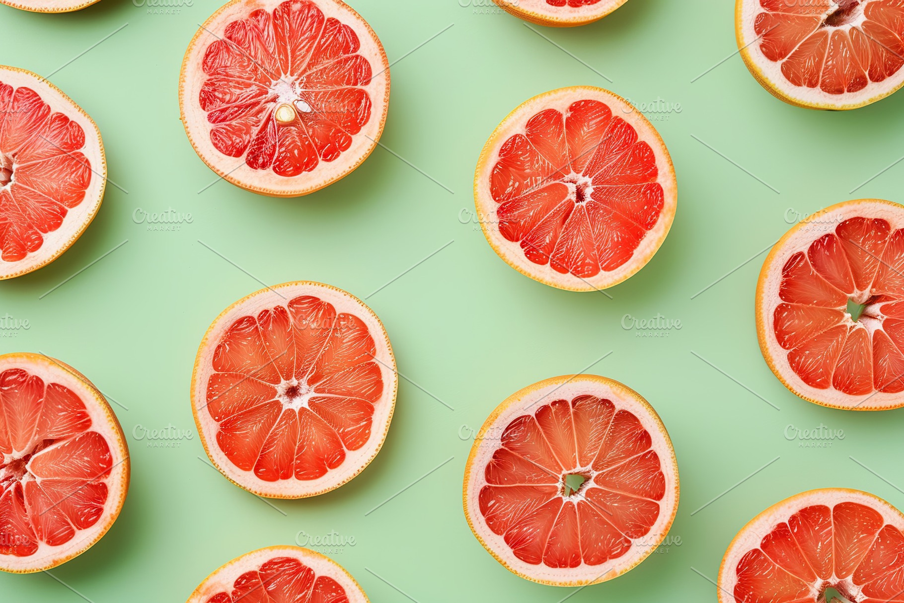 Pattern of ripe grapefruit slices on green background, a Food & Drink Photo by AlyaAnd