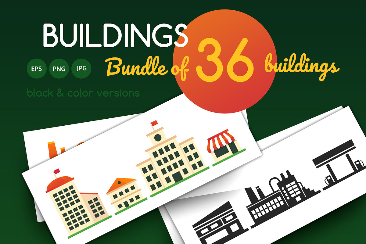 Flat Design City Buildings Icons Set