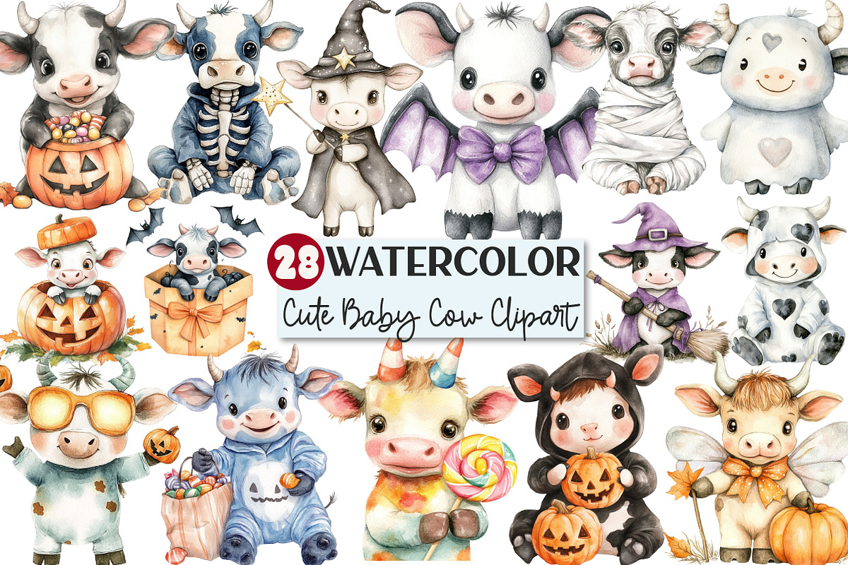 Cute Baby Cow Halloween Clipart, a Seasonal Illustration by Rose Art (Photo 1 of 7)