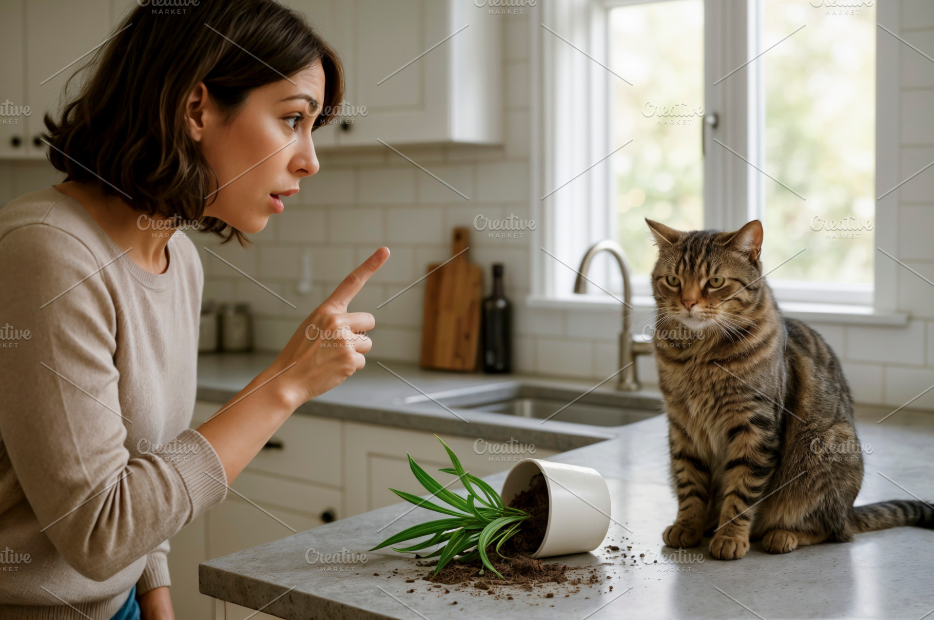 Woman pointing at guilty cat, a Photo by rarrarorro