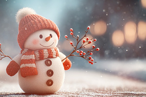 Cute smiling snowman with red hat and scarf holding berry twigs, a Person Photo by José Manuel Gelpi