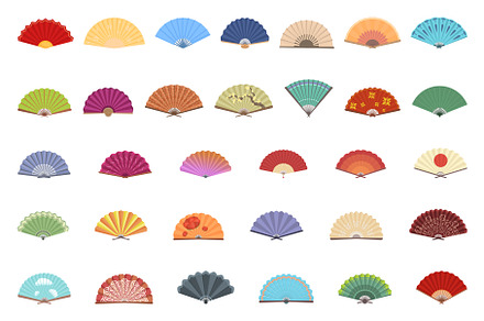 Japanese fan icons set cartoon, an Illustration by Ylivdesign