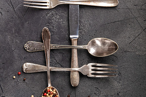 Vintage Cutlery Arranged as Hashtag Symbol with Peppercorns on D, a Food & Drink Photo by Natalia Klenova's Shop