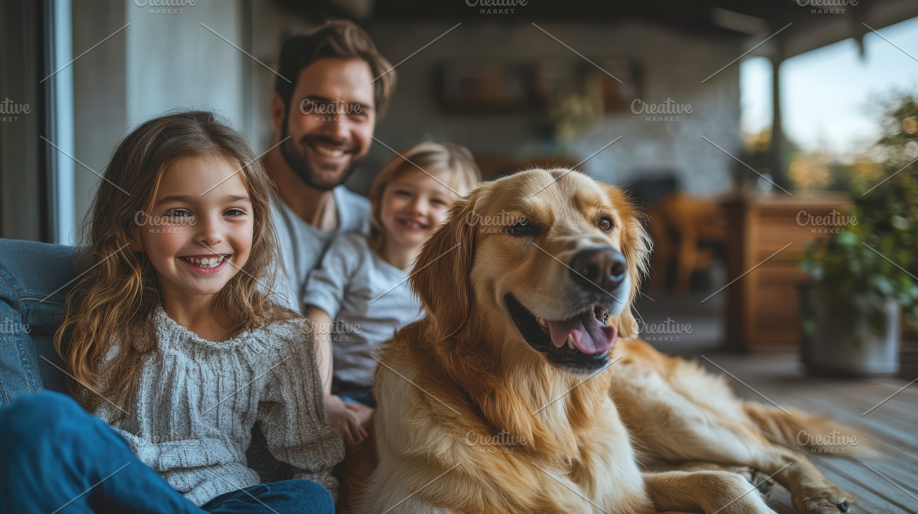Family portrait with a dog, smiling., an Animal Photo by Pixeness Studio