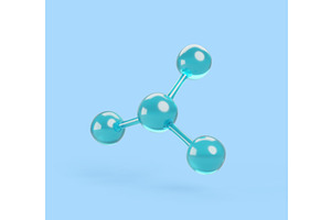 3d molecule of blue glass atoms, a Healthcare Illustration by Marozhkastudio