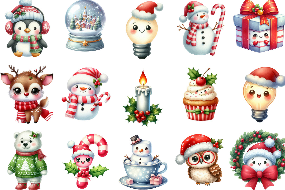Cute Christmas Watercolor Clipart, an Illustration by Designking (Photo 2 of 5)