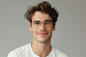 Cute handsome man in eyeglasses on grey background, a Person Photo by AlyaAnd