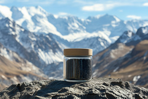 Shilajit jar amid snowy peaks, a Photo by Pavel_design