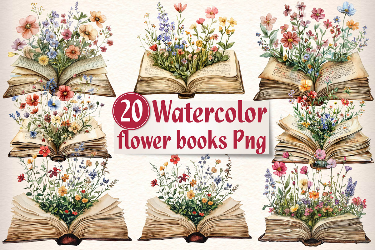 Watercolor flower books Clipart, an Illustration by CreationArt