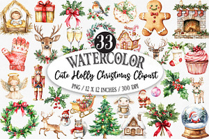 Cute Holly Christmas Clipart Bundle, an Illustration by Designking