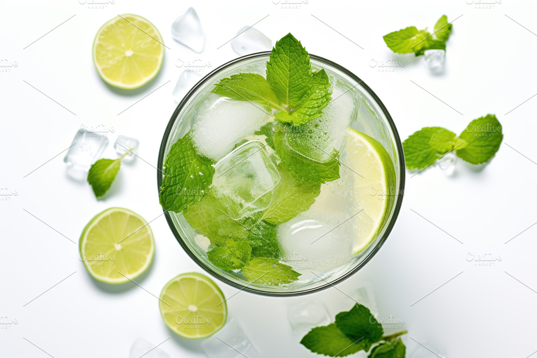 Flat lay of alcoholic mojito with ice and mint on white background, a Food & Drink Photo by AlyaAnd