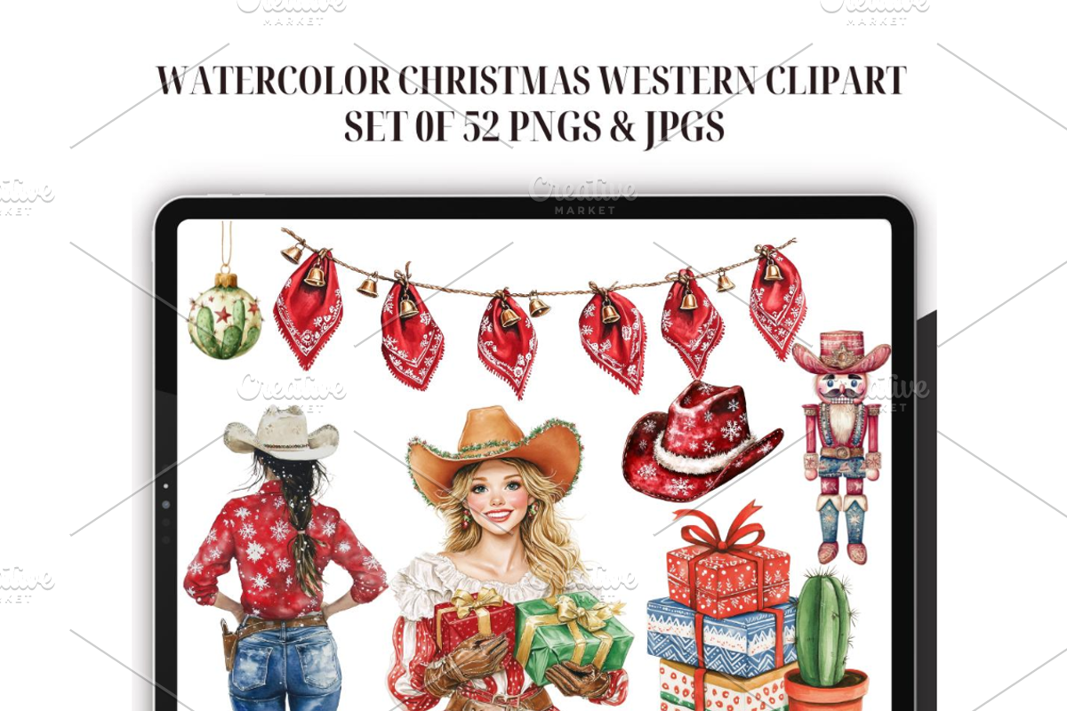 Watercolor Western Christmas Clipart, an Illustration by CraftCrateShop (Photo 1 of 7)