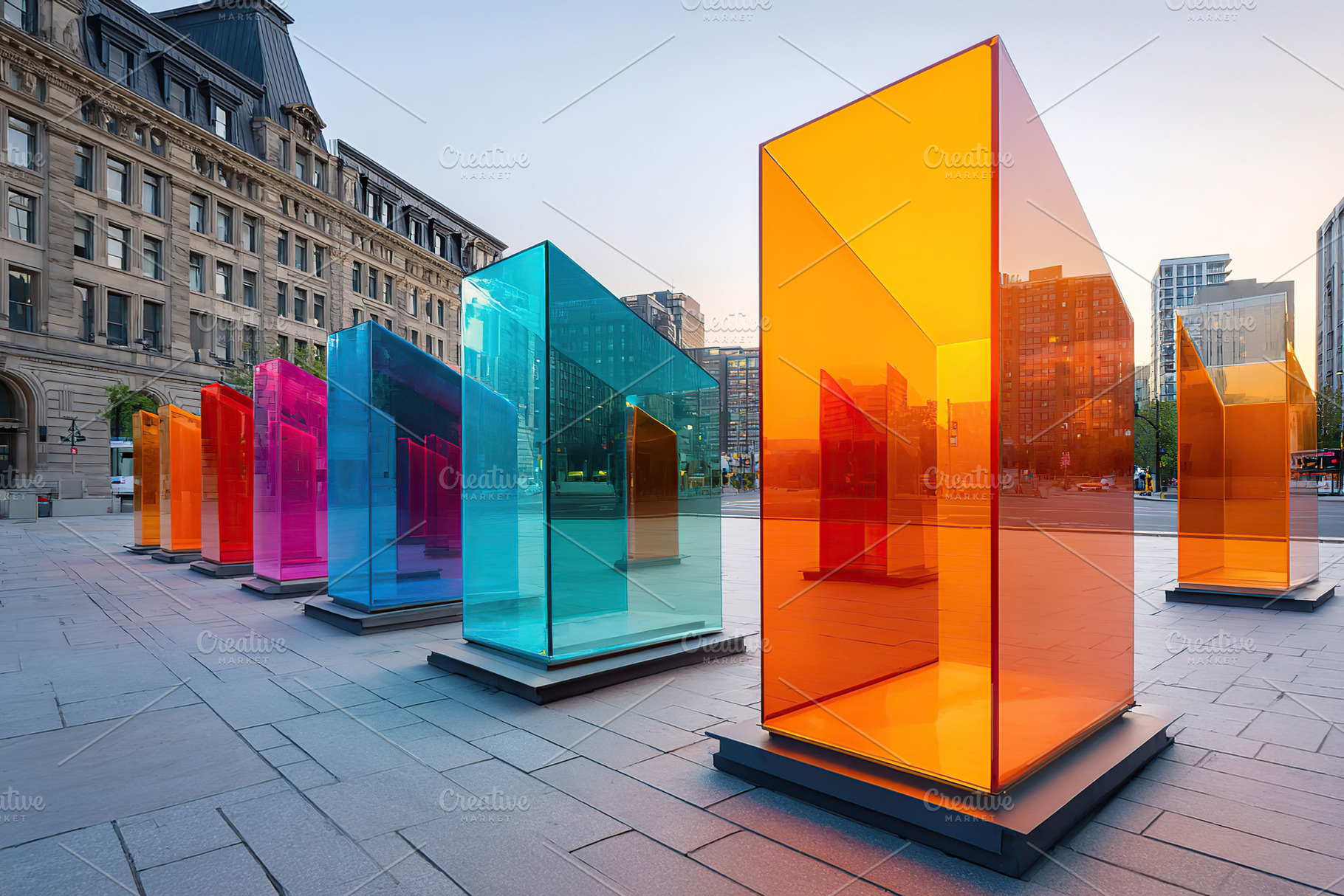 Colorful art installation showcases vibrant glass elements in urban plaza at su, an Architecture Photo by AlyaAnd