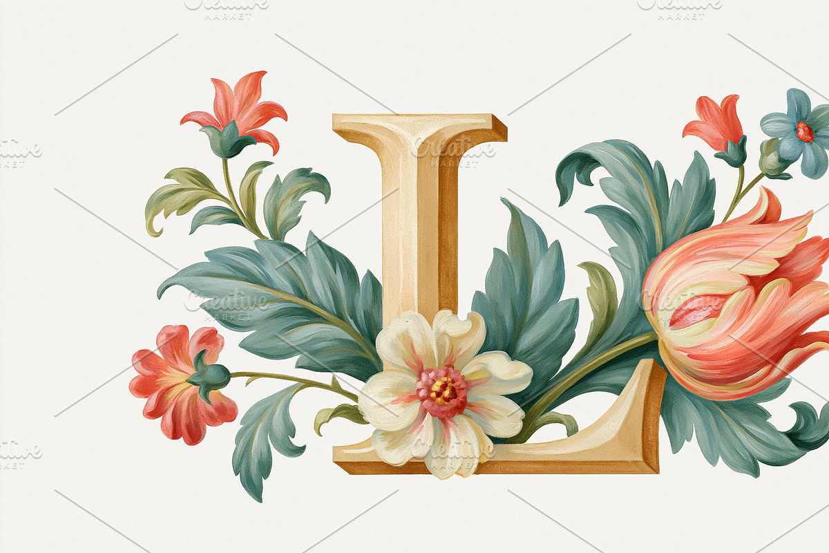 Capital letter L decorated with ornate baroque style floral elem, an Illustration by Studio ANNA