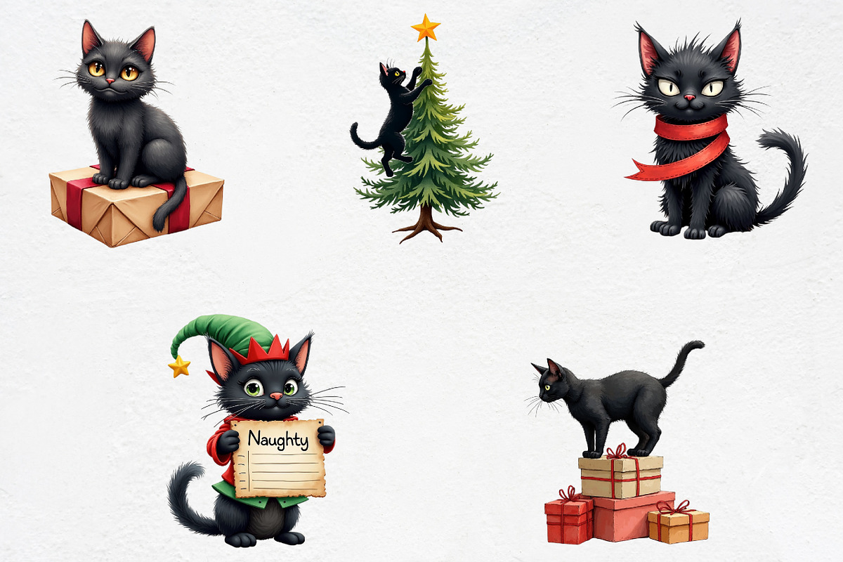 Funny Christmas Black Cat Clipart Bu, an Illustration by CrexoraLab (Photo 3 of 5)