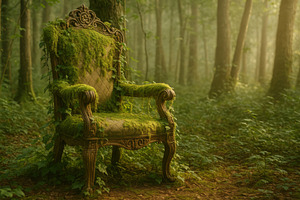 Moss-covered chair in eerie forest s, a Photo by Dvoevnore photos