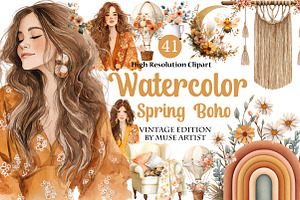 Watercolor Spring Boho Clipart, an Illustration by DreamArtGraphic