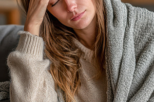 Sick woman resting on couch holding, a Photo by Pixeness Studio