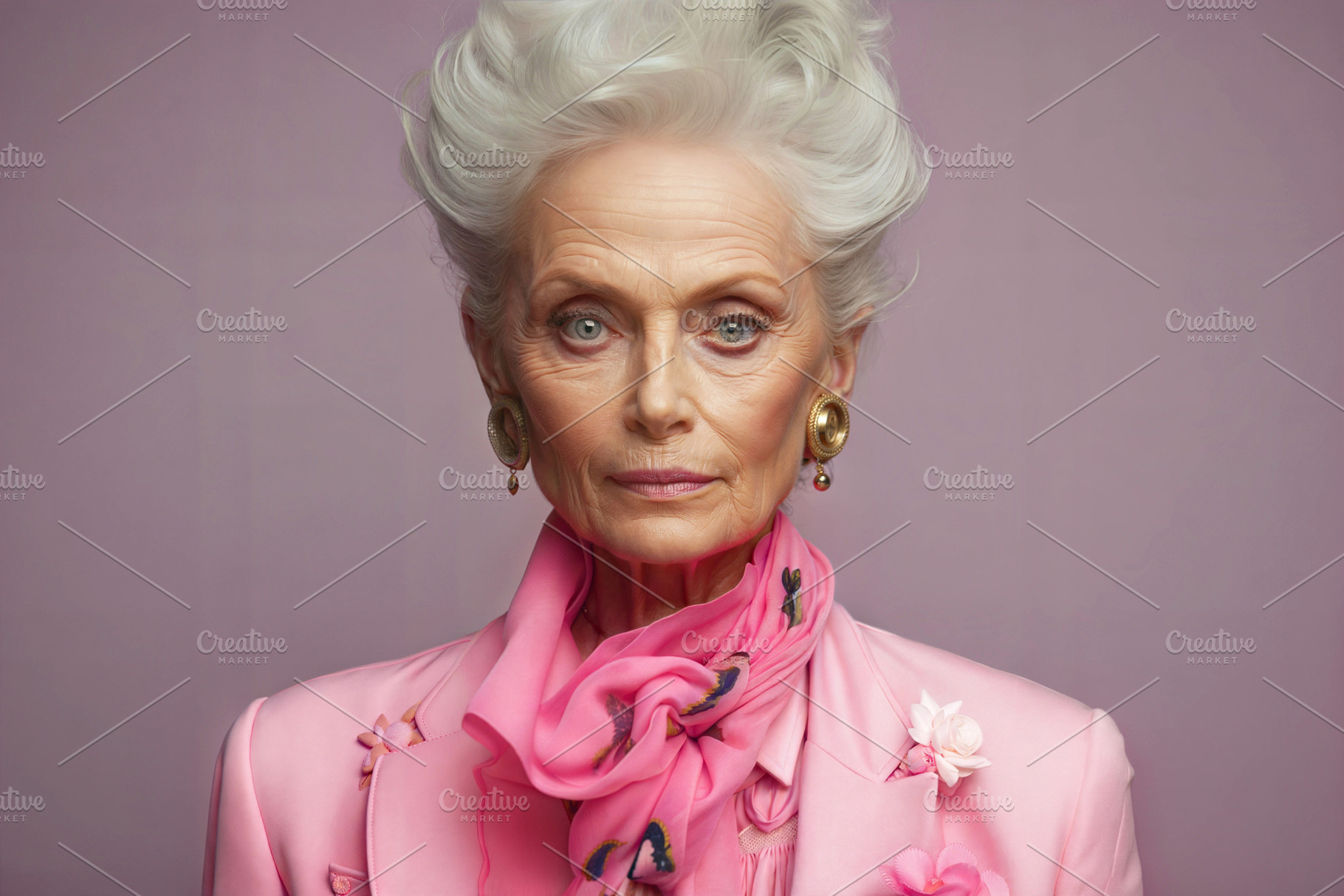Elegant elderly woman in pink suit and scarf on neutral backgrou, a Person Photo by ImageMir