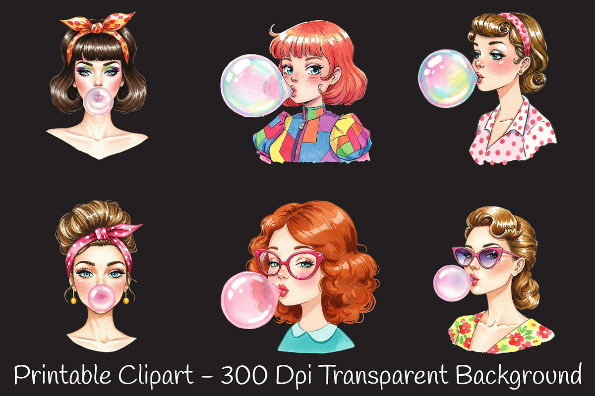 Retro Girl Blowing a Bubblegum Png, an Illustration by RobertsArt (Photo 2 of 7)