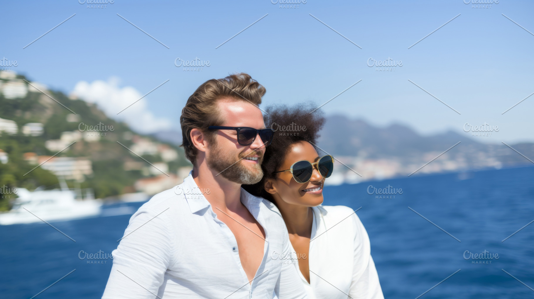 Happy mixed race couple enjoying sce, a Photo by Dvoevnore photos