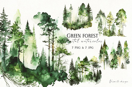 Watercolor Green Forest, a Decorative Illustration by Vasmila