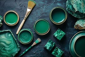 Green Paint Cans with Malachite Stones and Art Brushes, an Abstract Photo by Natalia Klenova's Shop