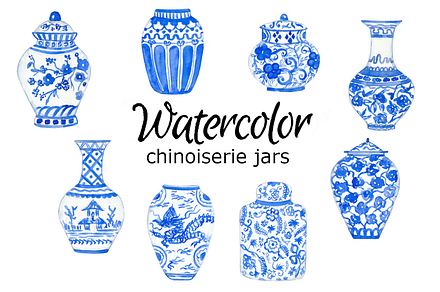 Chinoiserie Jars watercolor clipart, a Background Graphic by GoodFairyClipArt