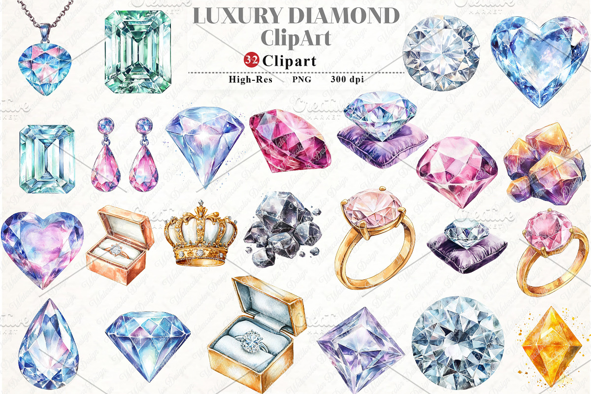 Luxury Diamond ClipArt, an Illustration by Watercolor design (Photo 1 of 12)