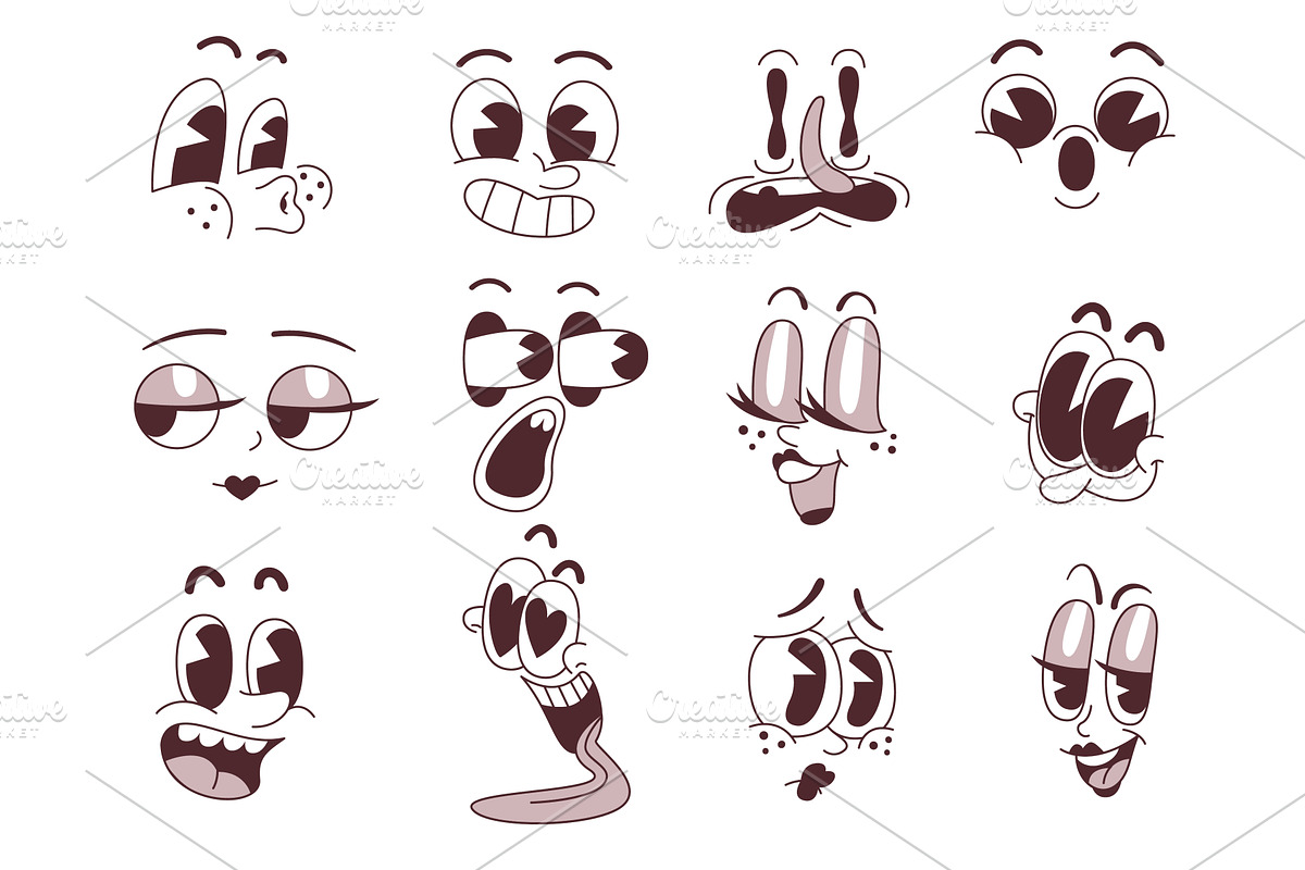 Retro mascot faces. Comic silly face, an Illustration by Stock-Smart-Start