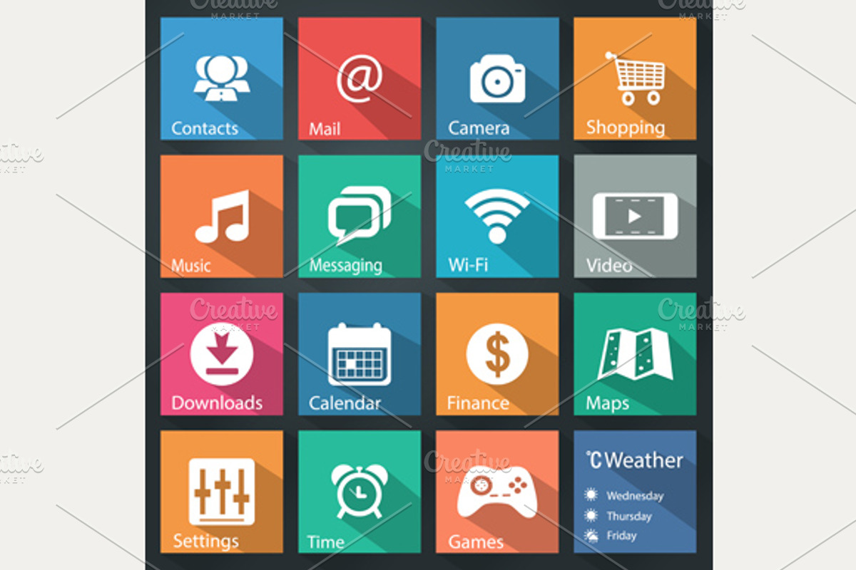 Flat icons, long shadow