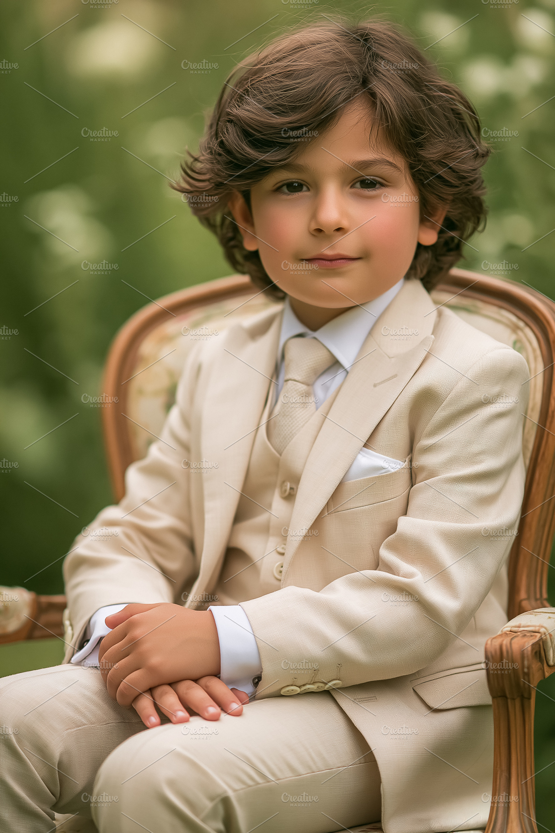 Young boy sitting in a suit, hands clasped, capturing elegance,, a Person Photo by Studio ANNA