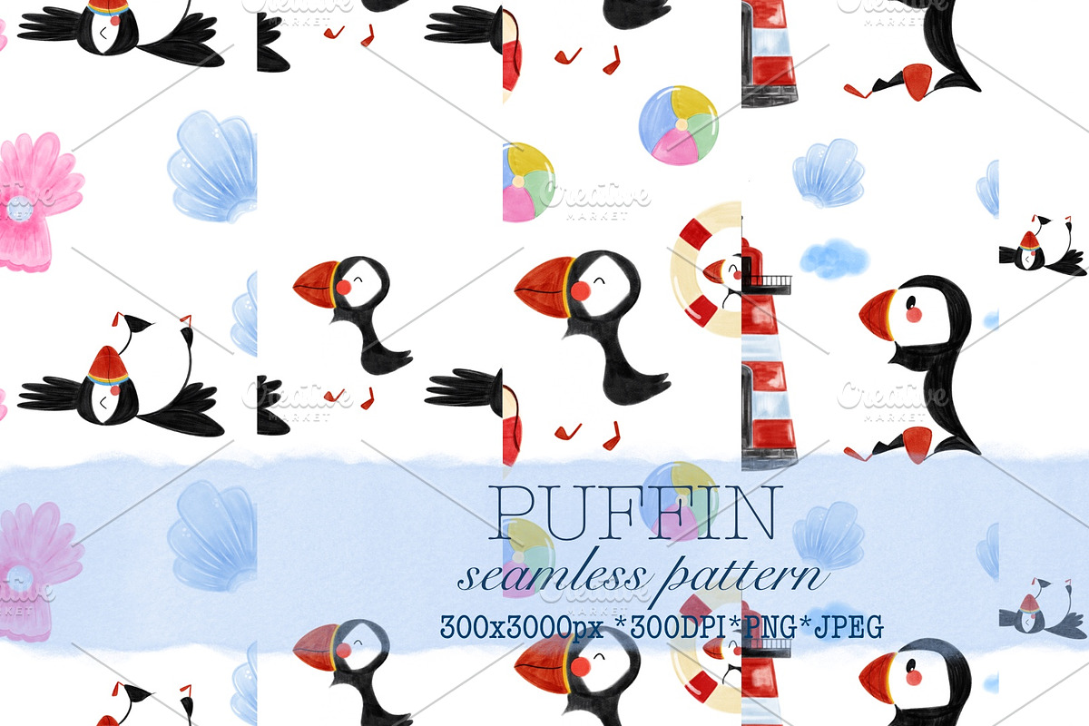 Watercolor Puffin Seamless Pattern, an Animal Illustration by Oleksandra Illustrates (Photo 1 of 13)