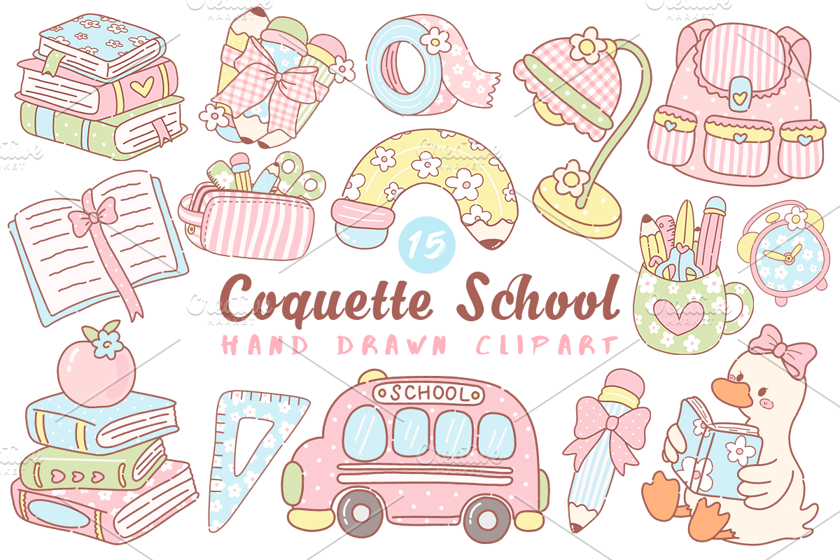 Coquette Vintage School Clipart, a Seasonal Illustration by LemonDesign (Photo 1 of 3)