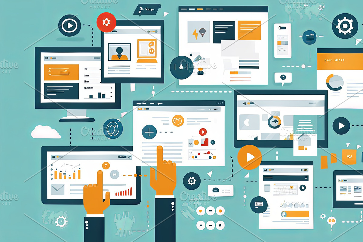 Illustration of hands interacting with digital interfaces in a creative workspa, an Illustration by AS photostudio