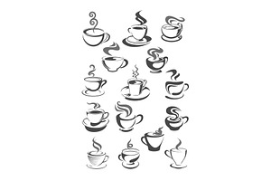 Coffee Cups Vector Icons Set For Cafeteria Or Cafe