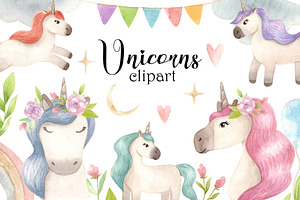 Watercolor Unicorns. Clipart Pattern