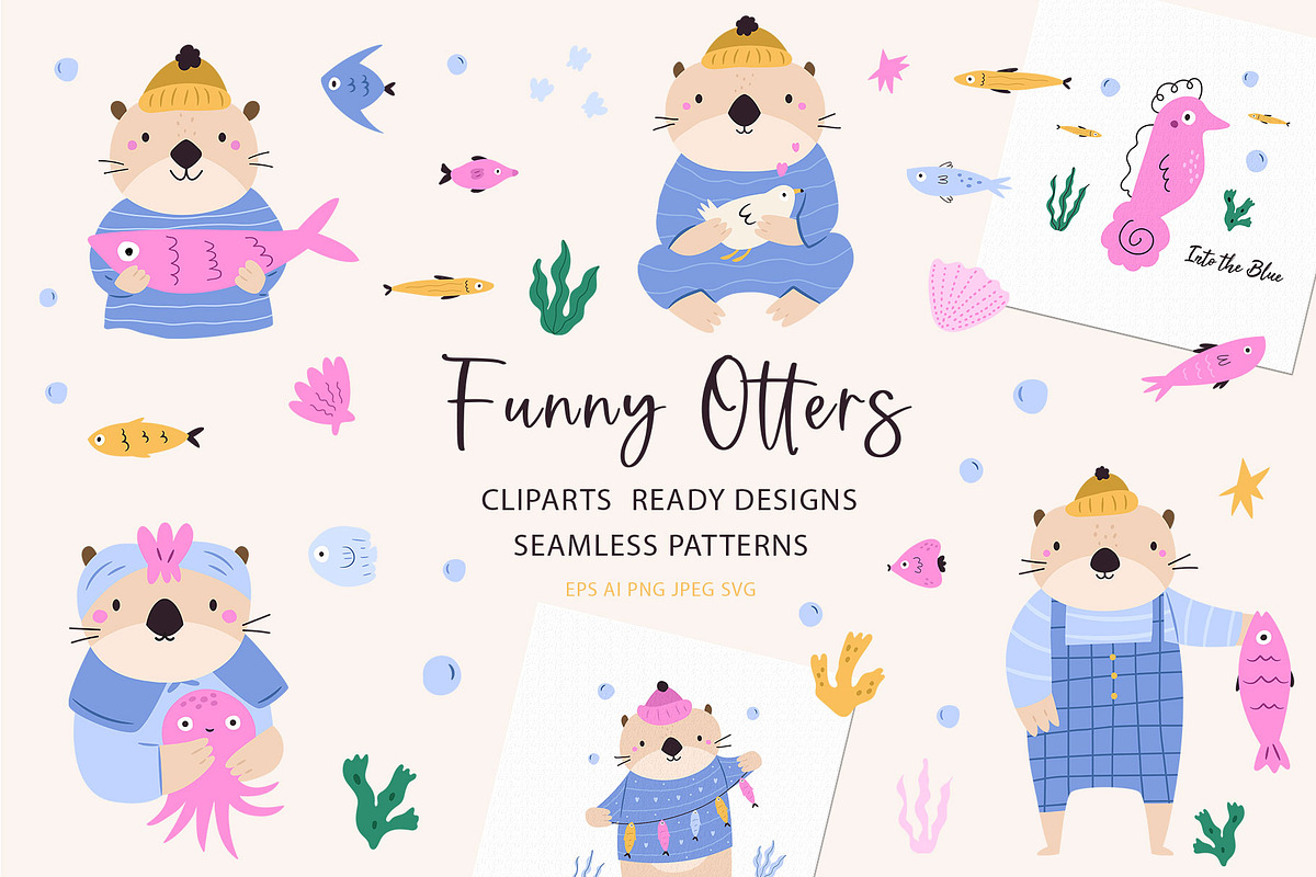 Cute Otter Clipart & Patterns, an Animal Illustration by danceyourlife (Photo 1 of 7)