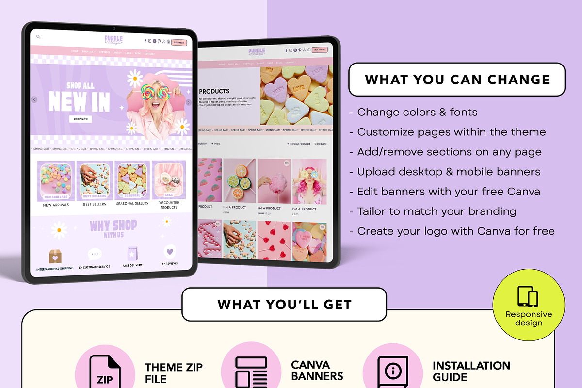 Purple Retro Shopify Theme Bundle, a Shopify Template by Template Twist Shop (Photo 4 of 9)