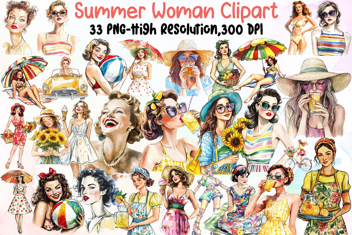 Summer Vintage Woman Clipart, an Illustration by Sublimation Artist (Photo 1 of 6)
