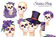 Skeleton Party Watercolor Clipart, an Illustration by s.yanyeva (Thumbnail 2 of 5)