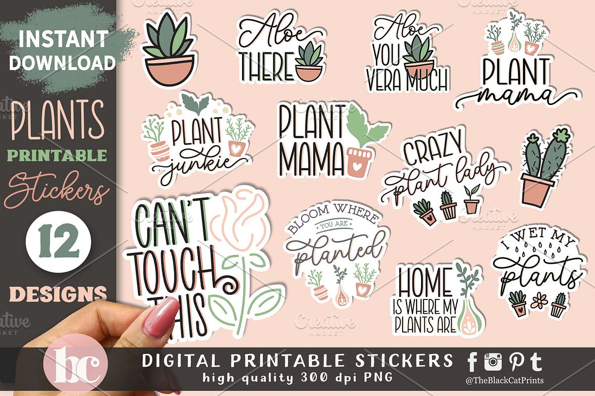 Funny Potted Plants Sticker Pack PNG, a Decorative Illustration by TheBlackCatPrints (Photo 1 of 2)