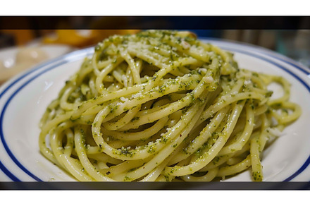 plate with hazelnut pesto spaghetti, a Food & Drink Photo by Neirfy