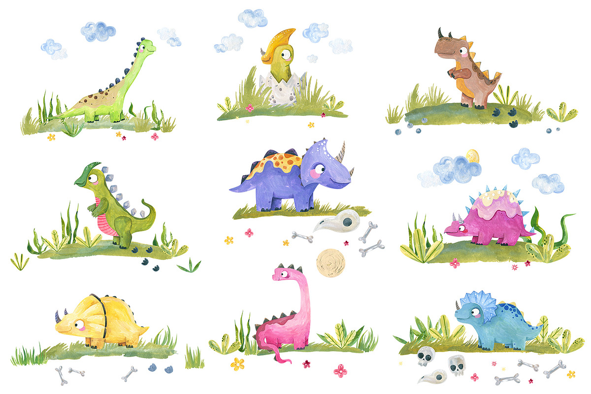 Watercolor Dinosaur Clipart Baby, an Object Graphic by the_myro (Photo 8 of 11)