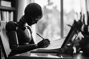 Robotic figure engaged in writing at, a Photo by Tanuart