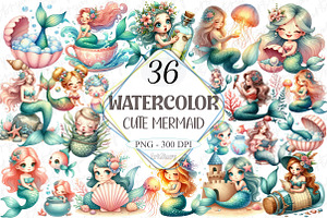 Cute Mermaid Watercolor Clipart, a Graphic by designcity5